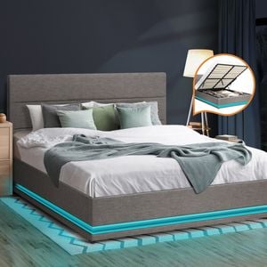 Oikiture Bed Frame Gas Lift RGB LED Grey-Double