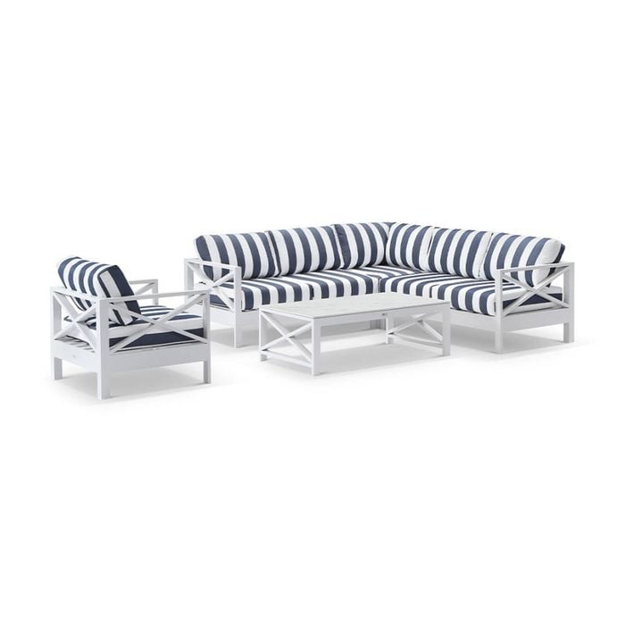 Kansas Corner Set Arm Chair/coffee Table White & Navy Stripe Cushions