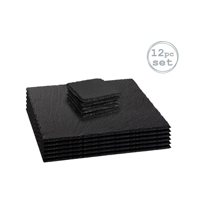 Argon Tableware 12 Piece Square Slate Placemats & Coasters Set - Dinner Table Serveware - Padded Feet - Grey
