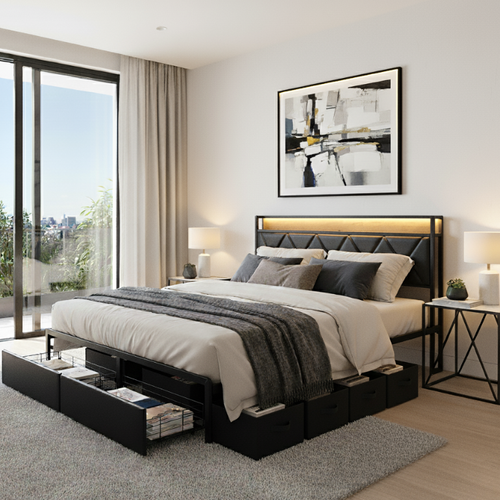 Levede PU Leather LED Metal Bed Frame with USB Charging Queen