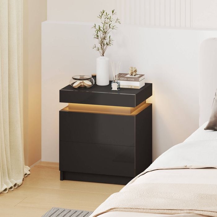 Advwin Bedside Table  LED Nightstand 2 Drawers Lift Up Side Table Black