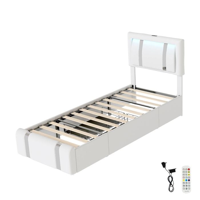 Levede Adjustable Headboard LED PU Leather Bed Frame with USB and 2 Drawers - Single