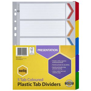 Marbig Manilla Plastic Tab Dividers A4 (Coloured) (5 Tab)