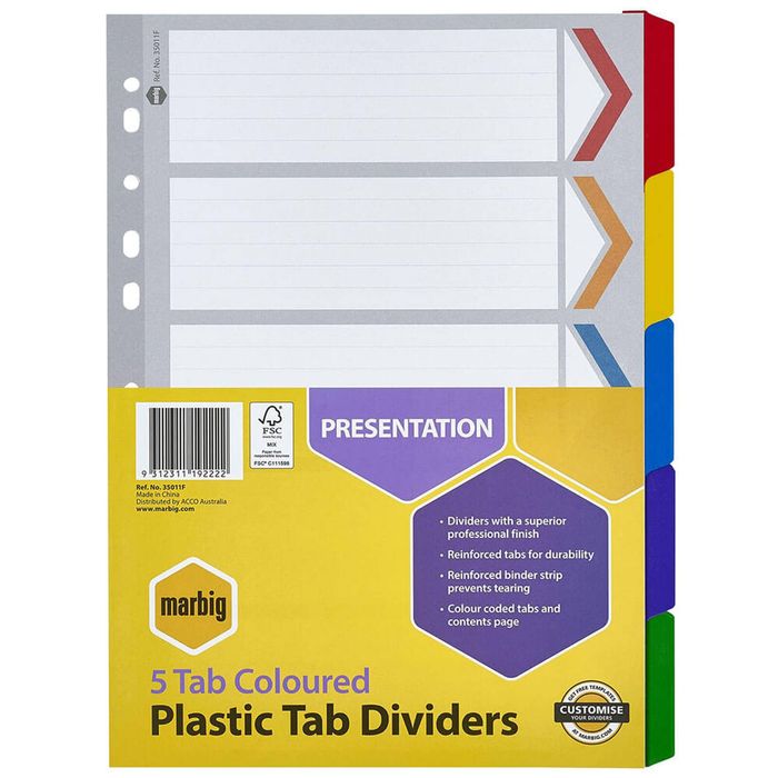 Marbig Manilla Plastic Tab Dividers A4 (Coloured) (5 Tab)