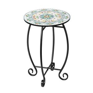 Catzon Side Table with Relief Ceramic Tile Tabletop & Metal Frame