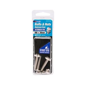 Zenith M6 x 30mm 316 Stainless Steel Mushroom Head Bolt And Nut - 3 Pack
