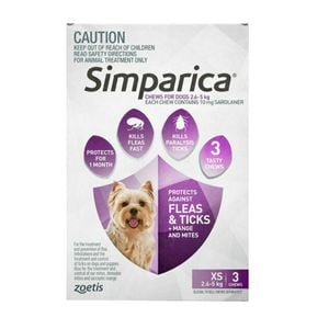 Simparica Fleas & Ticks Treatment For Dogs 2.6-5kg Xs Purple 3 Pack