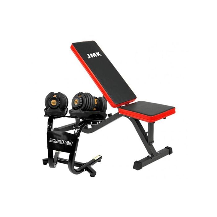 2x Powertrain 24kg Adjustable Dumbbells w/ Stand Exercise Bench Gold