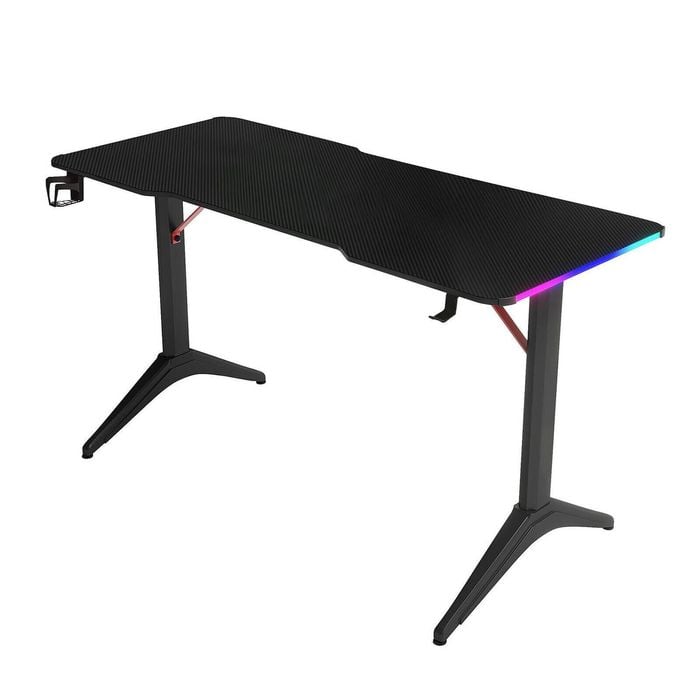 MIUZ Gaming Desk with RGB LED Lighting Carbon Fiber Top Cup Holder Headphone Hoo