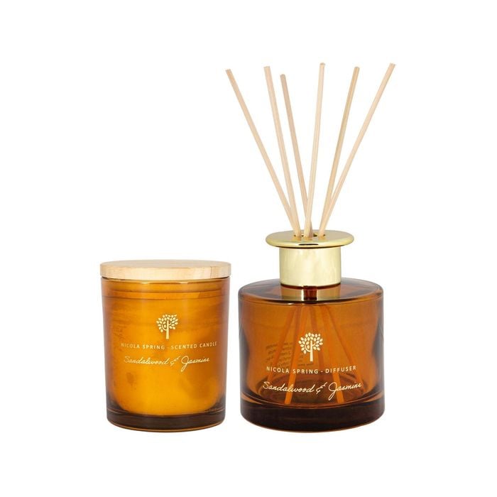 Nicola Spring Scented Candle & Reed Diffuser Set 130g - Sandalwood & Jasmine - Sweet Creamy Scent Long Burn