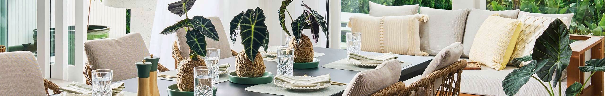 Indoor dining table styled with neutral-toned chairs, glassware, table settings, and decorative potted plants. A cushioned corner seating area with light and yellow pillows sits beside large windows overlooking greenery.
