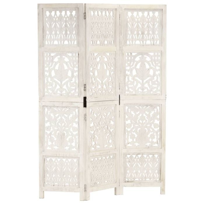 vidaXL Room Divider Hand Carved 3-Panel Privacy Screen White Solid Mango Wood