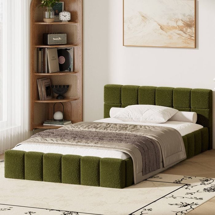 Oikiture Bed Frame King Single Green Boucle