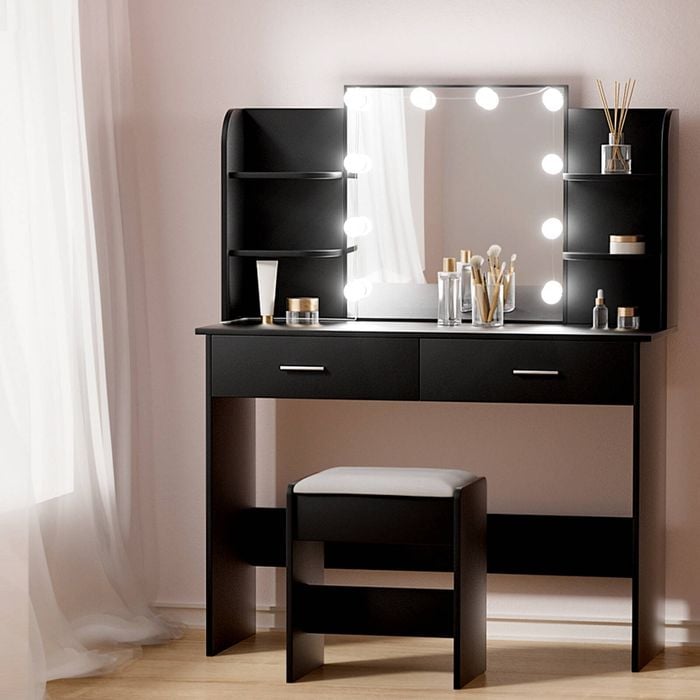 Vanity Table with Drawer Dresser, Vanity Makeup Desk with Lights Mirror, Vanity Desk with Storage Shelf & 2 Drawer, Black