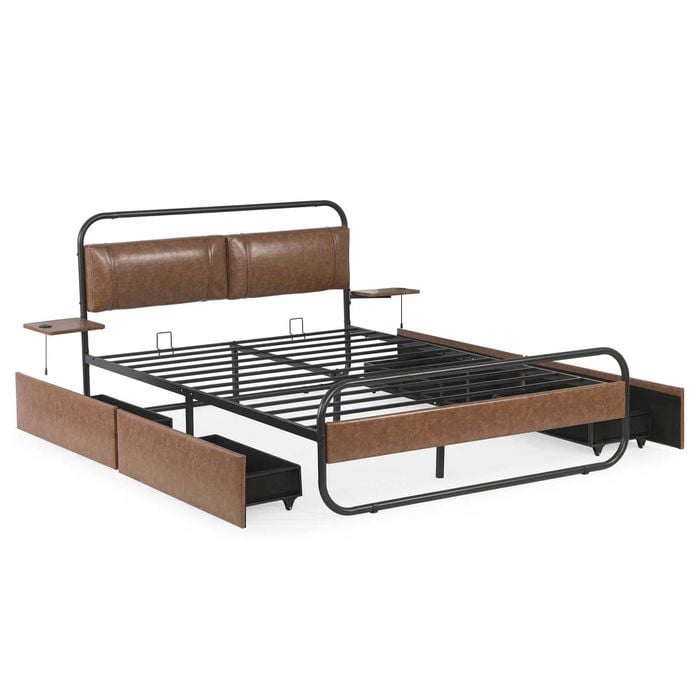 Bellos Living Faux Leather Bed With Integrated Nightstands And 4 Drawers Queen/Brown