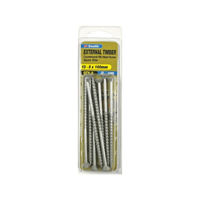 Zenith 10G x 100mm Galvanised Square Drive External Timber Screw - 8 Pack