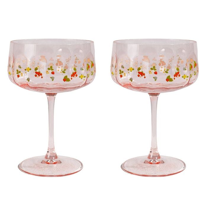2pc Urban Strawberry Fields Floral Coupe Champagne Drinking Glasses 16cm Pink