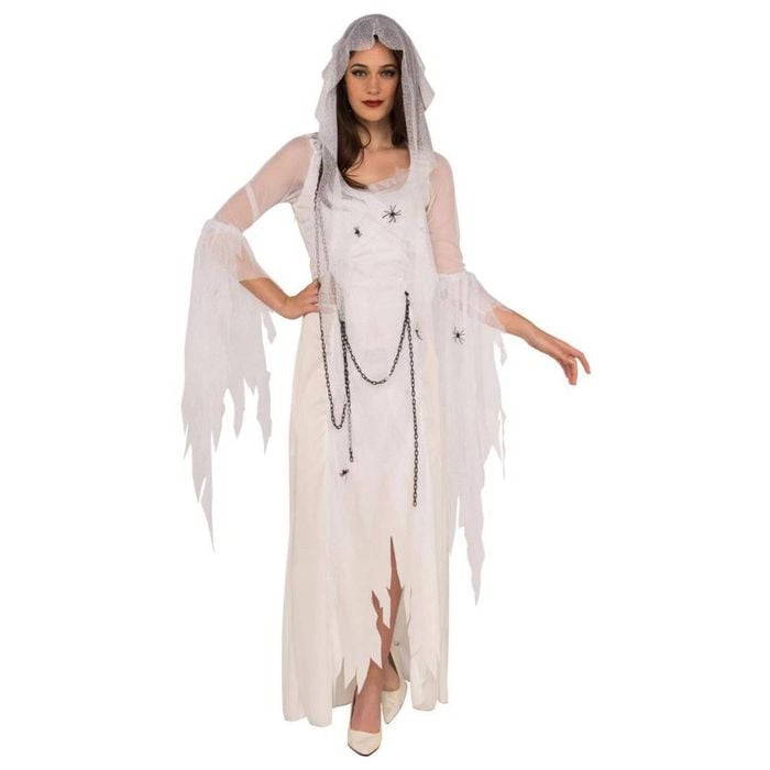 Ghostly Spirit Women's Halloween Halloween Costume with White Tattered Dress Veil Spiders, STANDARD