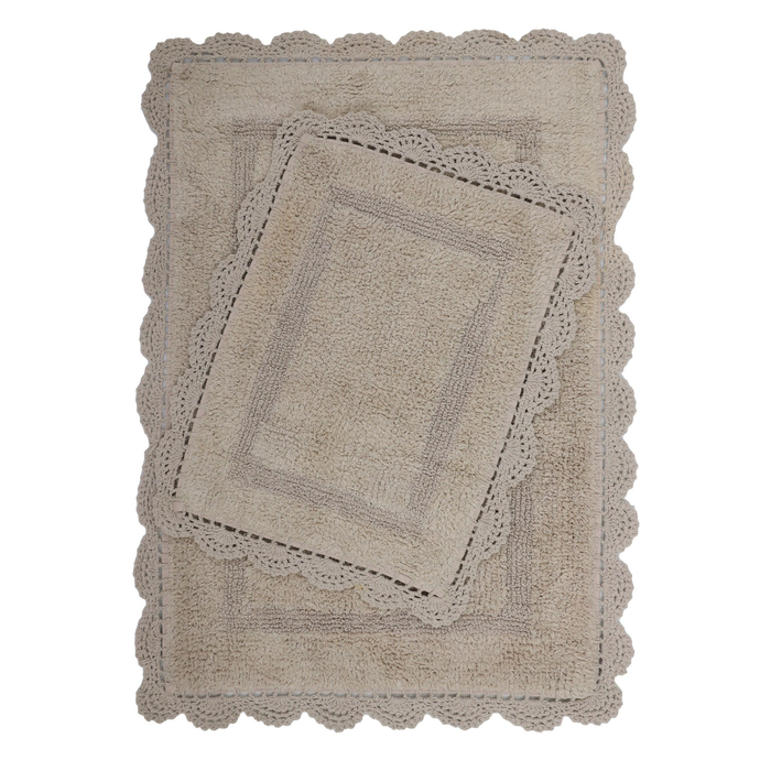 Yarra Textiles Tufted Bath Mat Rug Crochet Border, 2pcs. Set (60 x 90cm big, 40 x 60cm small) 1700 gsm+ (Beige)
