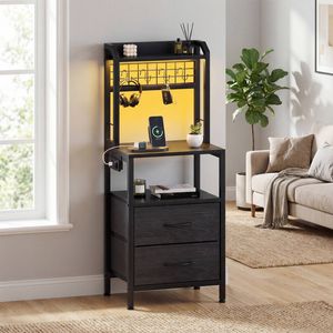 Ufurniture Bedside Table With Drawers Nightstand With Charging Station  Led Lights Black