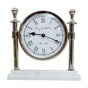 SS Collective Round Faced Column Desk/Table Clock W/ White Marble Base Silver