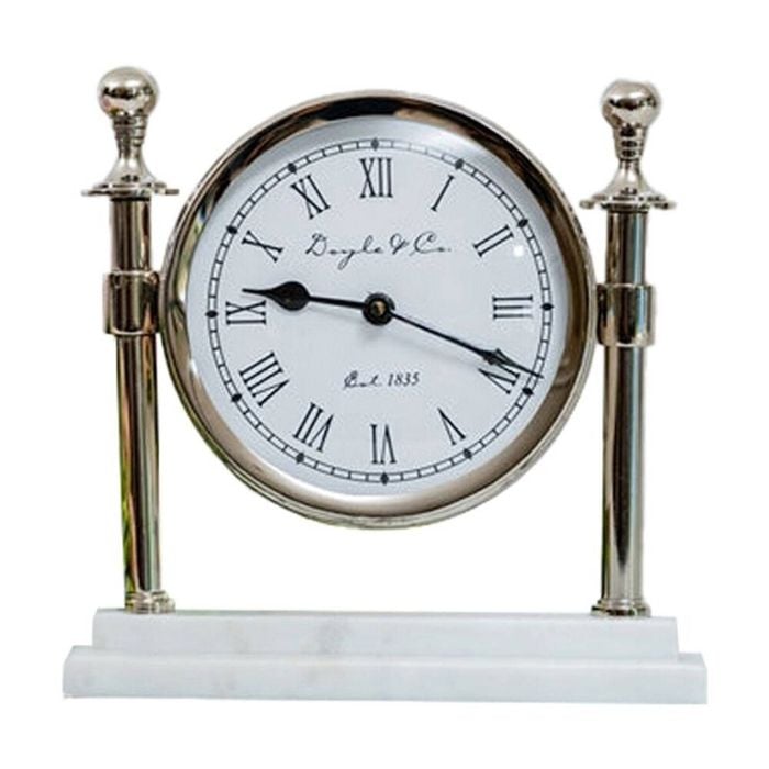 SS Collective Round Faced Column Desk/Table Clock W/ White Marble Base Silver
