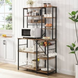 HOMFURN Large Bakers Rack & Shelf with USB Outlets, Microwave Stand, Kitchen Bar, Brown