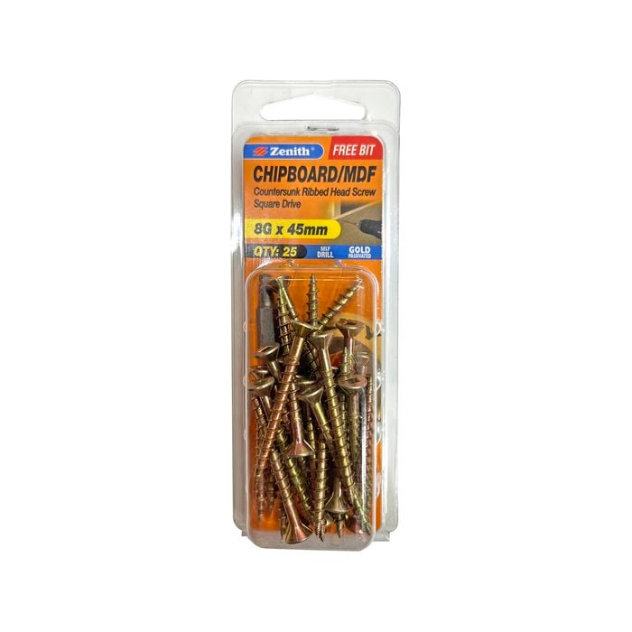 Zenith 8G x 45mm Gold Passivated Square Drive Chipboard Screw - 25 Pack