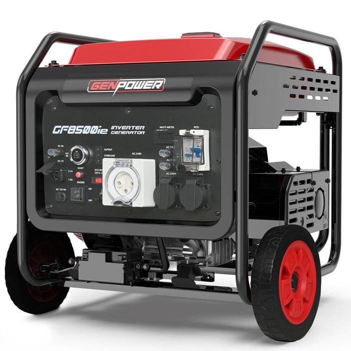 GENPOWER 8.5kW Peak 7.2kw Open Frame Inverter Generator, Push-Button, 2x15A, 1x32A, 20L Tank, Wheels, RCD, Portable, Backup