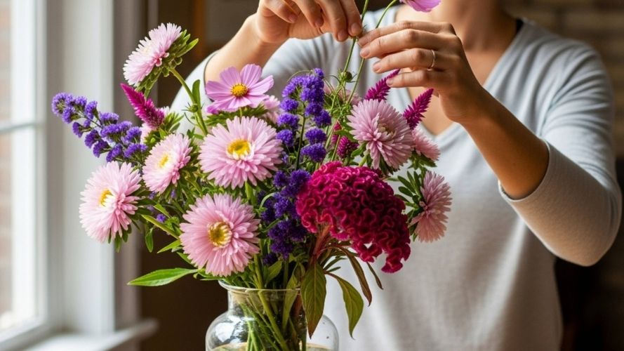 Person arranging a colourful bouquet of pink, purple and burgundy flowers in a glass vase beside a window.