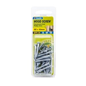 Zenith 8G x 30mm Zinc Plated Countersunk Head Wood Screws - 30 Pack