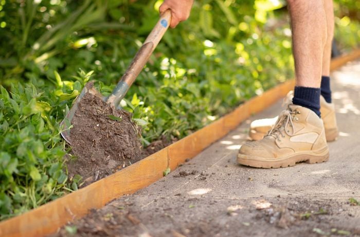 Using a shovel to fill the trench around the edges with soil.