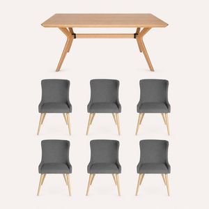 SK Designer Living | 7-Piece Dining Set | Doreen Wood Dining Table 180cm & Osaka Upholstered Chair | Natural - Grey Fabric