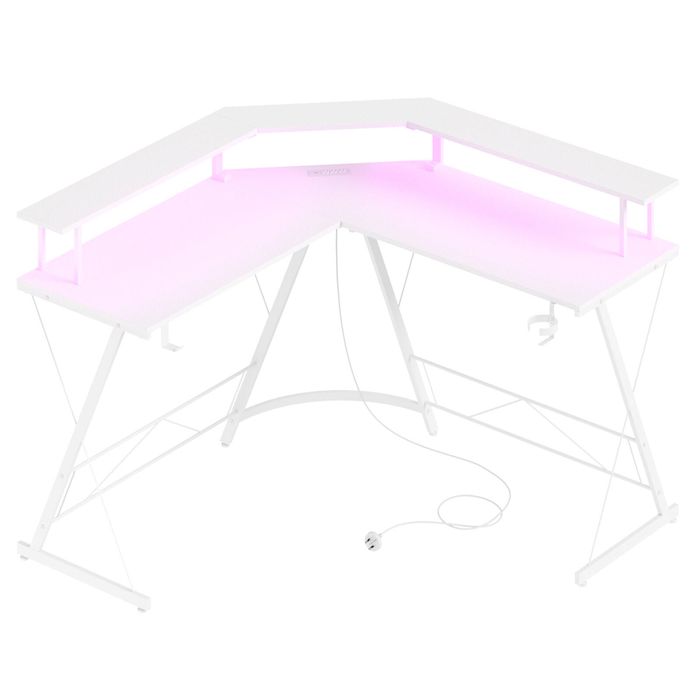 Ufurniture L Shaped Gaming Desk with LED Lights & Power Outlets White