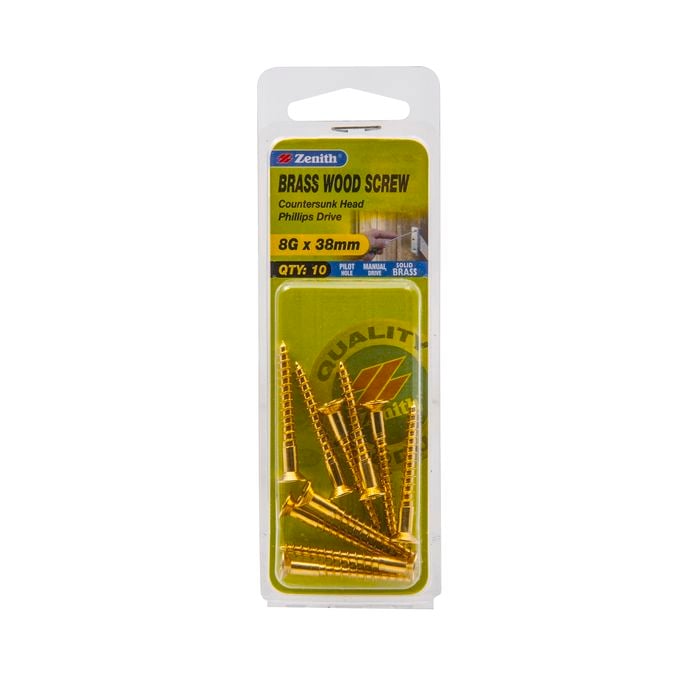 Zenith 8g x 38mm Brass Countersunk Head Wood Screws - 10 Pack