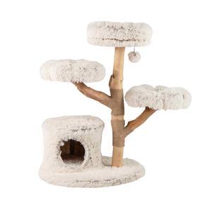 Costway Modern Cat Tree 102CM Real Wood Branch Condo 2 Flower Platform-Natural