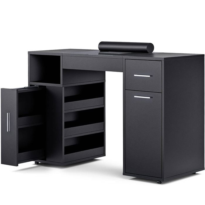 Advwin Manicure Table Vanity Desk with Dust Collector Glass Top Storage Cabinet Black