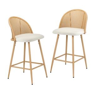 Oikiture 2x Bar Stools Rattan Back Boucle Fabric White
