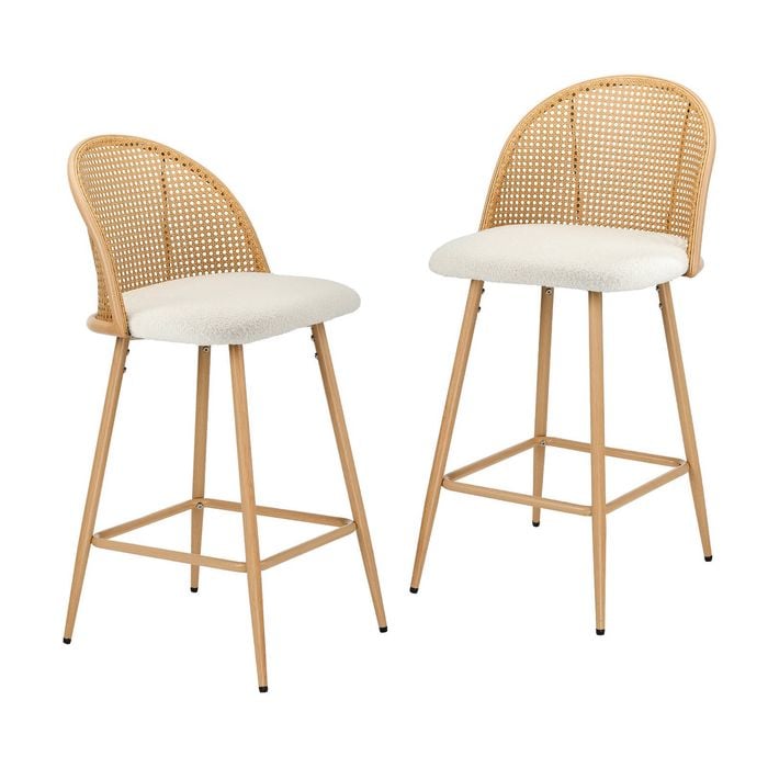 Oikiture 2x Bar Stools Rattan Back Boucle Fabric White