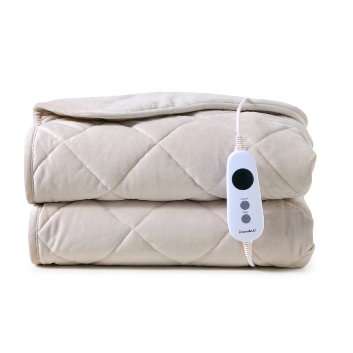 Dreamaker Haven Velvet Quilted Electric Heated Throw Blanket Stone 180x200cm | Overheat Protection & Auto-Off & Machine Washable