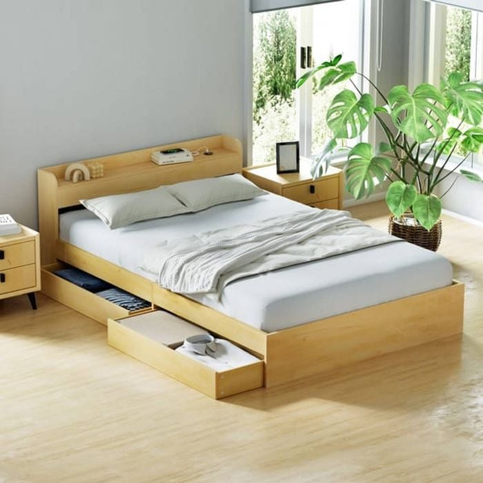 HOMFURN Double Bed Frame with Storage Headboard, USB Ports & 2 Drawers, Natural Wood Finish, 300kg Capacity