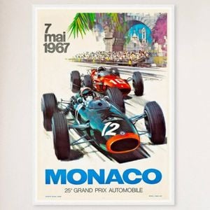 Galrie 1967 Monaco Grand Prix Vintage Racing Poster 25th Anniversary Collector's Art, White Frame, 70 x 100cm (28 x 40inch)