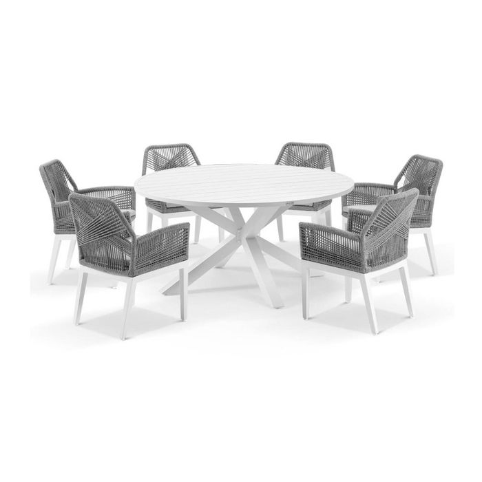 Houston Outdoor 1.5m Aluminium Dining Setting White With 6 Hugo Chairs & Grey Rope W/textured Olefin Cushions
