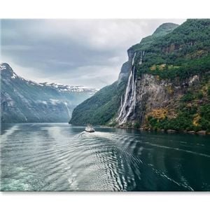 Waterfall On a Fjord & Mountain  Print 100% Australian Made 90 x 60cm  (Stretched)