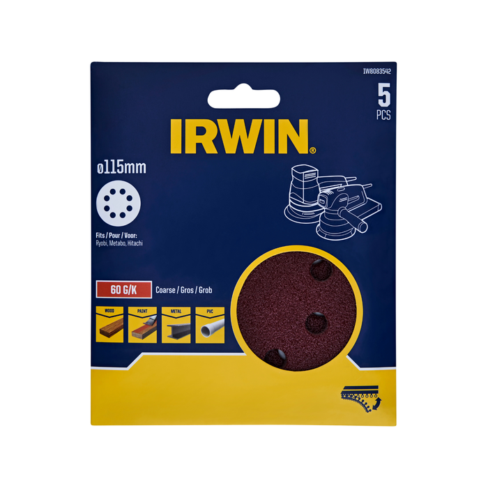 IRWIN 115mm 60 Grit 8 Holes Quick Fit Random Orbital Sanding Disc - 5 Pack