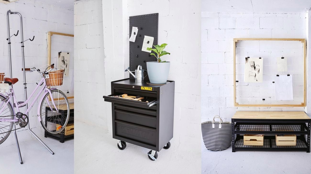 Modern clean garage including sleek metal and wooden storage solutions including bike storage.
