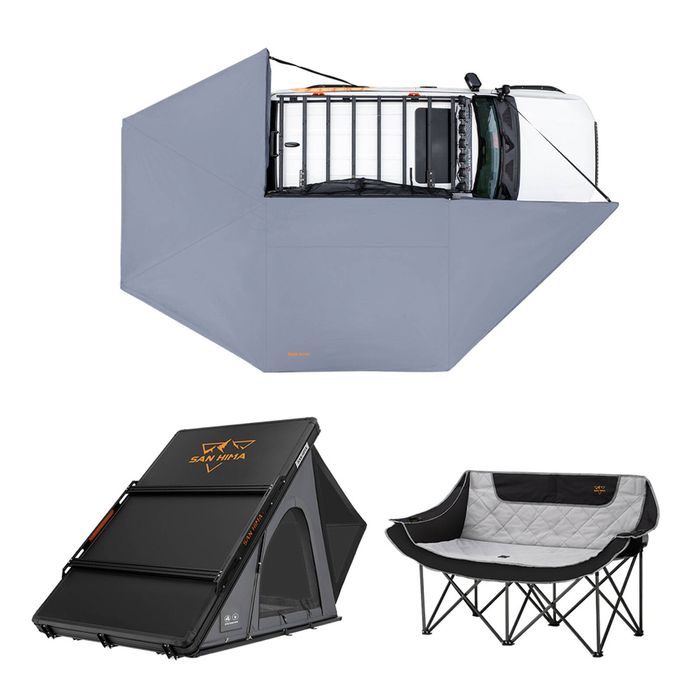 San Hima 270° Awning Driver Side + Rooftop Tent + Rack + Double Camping Chair
