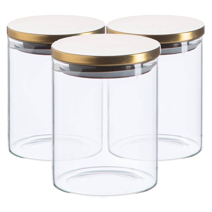 Argon Tableware Glass Storage Jar - Gold Lid - 750ml - Modern Round Scandi Organisation Container Glass Jar - Set Of 3