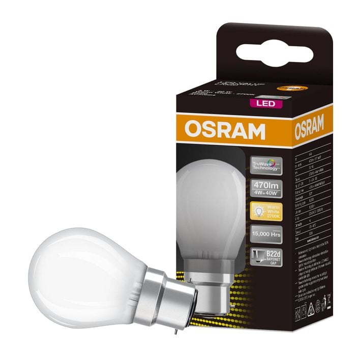 Osram 4W 470lm Frosted Warm White Fancy Round Filament LED B22 Light Globe