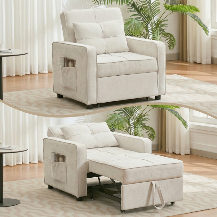 Sofa Bed 3 in 1 Convertible, Pullout Single Sleeper Chair Bed with Adjustable Backrest, Spacious Multifunctional Armchair, Beige